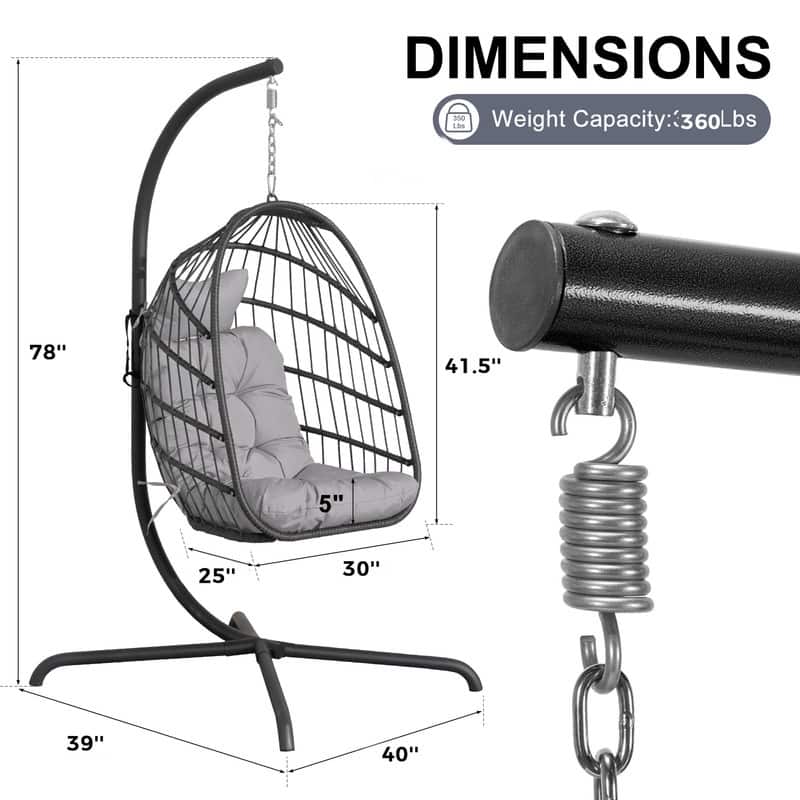 Oversized 1-Person Foldable Hanging Egg Chair - Wicker Swing Chair with Stand, Portable for Indoor Outdoor Patio