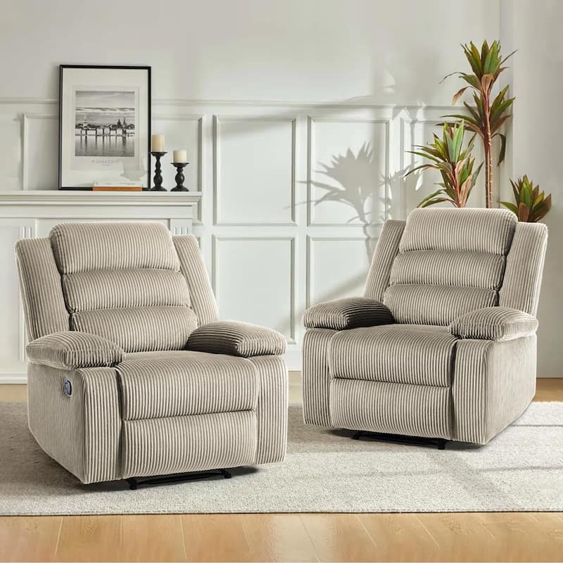 Overstuffed Cotton Corduroy Manual Pushback Recliner with Wide Armrest