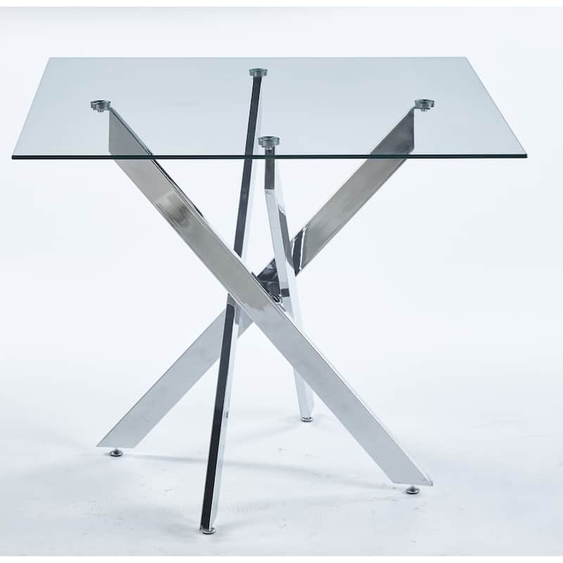 Modern Square Dining Table with Tempered Glass Top & Cross Metal Legs, Space-Saving for Kitchen and Living Room