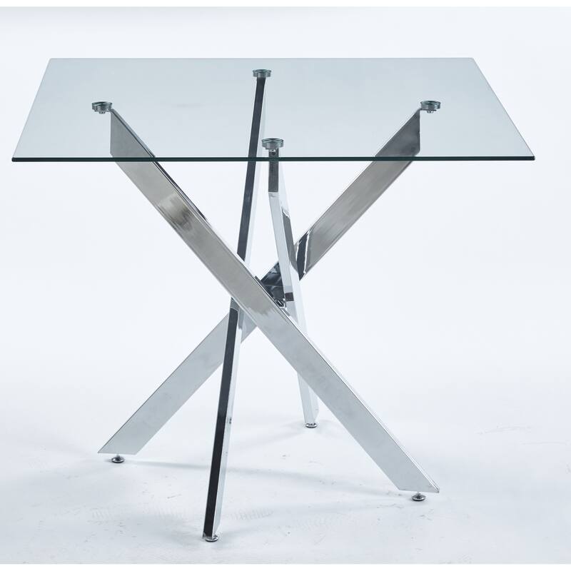 Modern Square Glass Dining Table for 4, Kitchen Table with Tempered Glass Top & Chrome Metal Legs for Dining Room, Living Room - Chrome