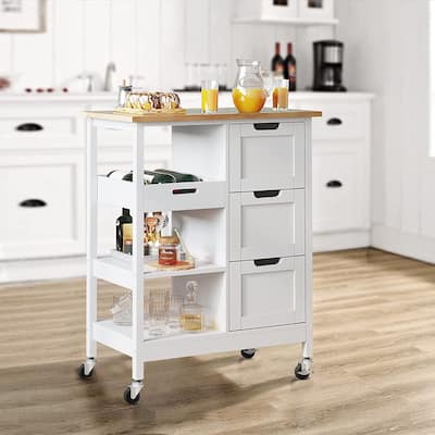 Kleio Solid Wood Kitchen Island Cart with Storage 3 Drawers Rolling Serving Trolley Cart