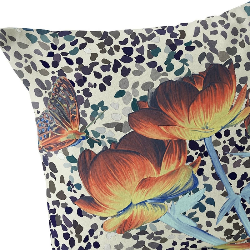 HomeRoots Set of Two 16" X 16" Blue and Orange Butterfly Blown Seam Floral Indoor Outdoor Throw Pillow
