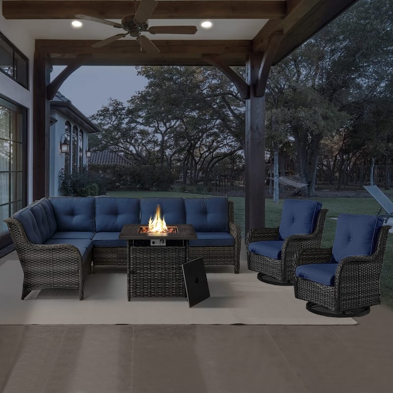 Gymojoy 4-Piece Outdoor Wicker Patio Furniture with Fire Pit and L-shaped Sectional Sofa, Coversation Set with Thick Cushions