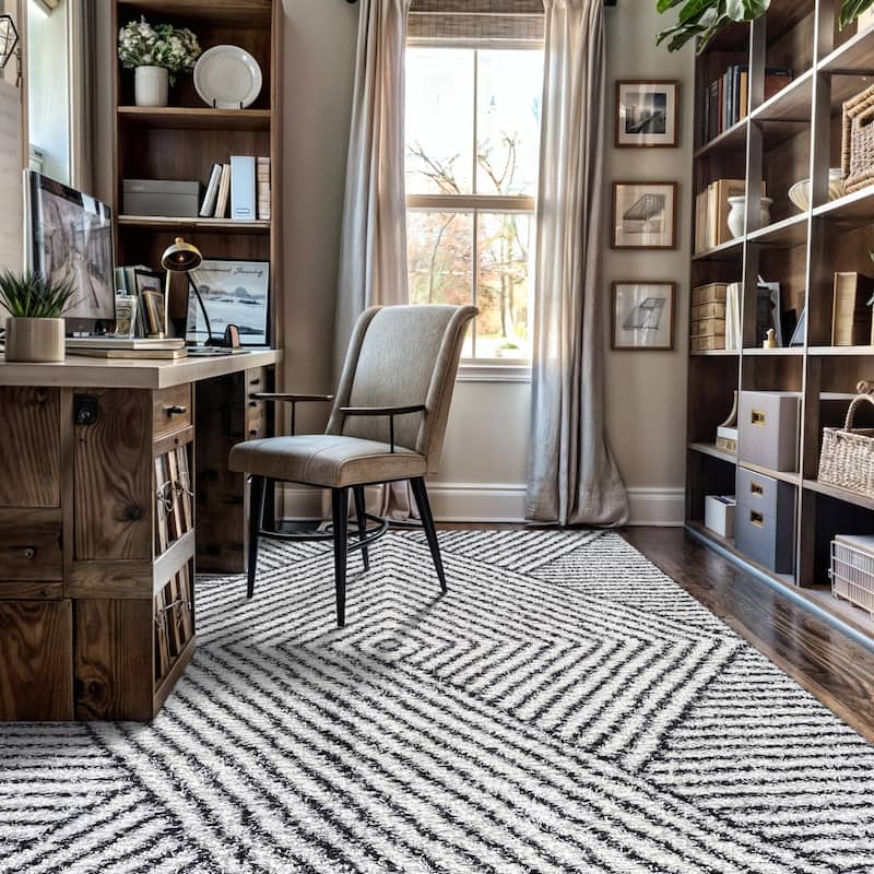 Minimal Stripe Geometric Shag Rug - Anthracite Dark Gray - Medium Pile - Cozy & Modern