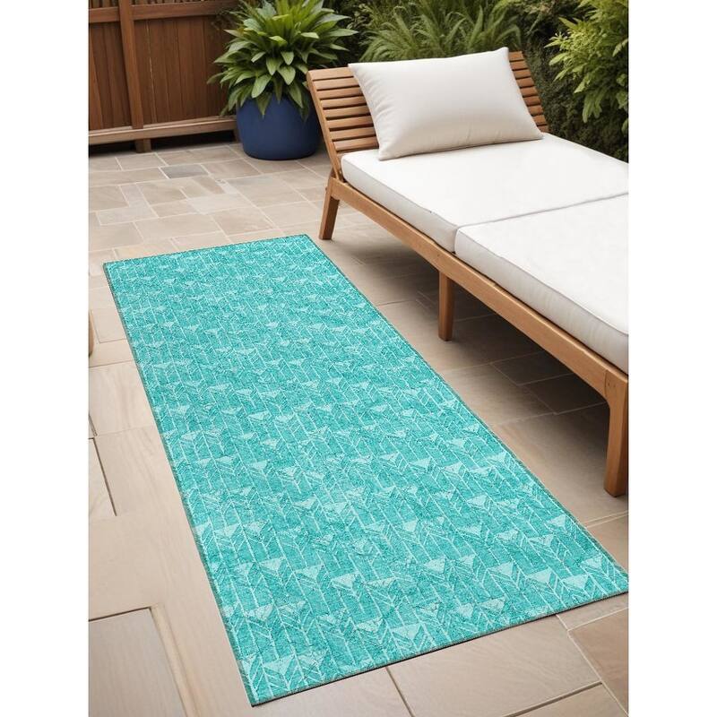 Pave Abstract Shapes Weather Resistant Timeless Fusion Outdoor Rug - 8' Runner - Green