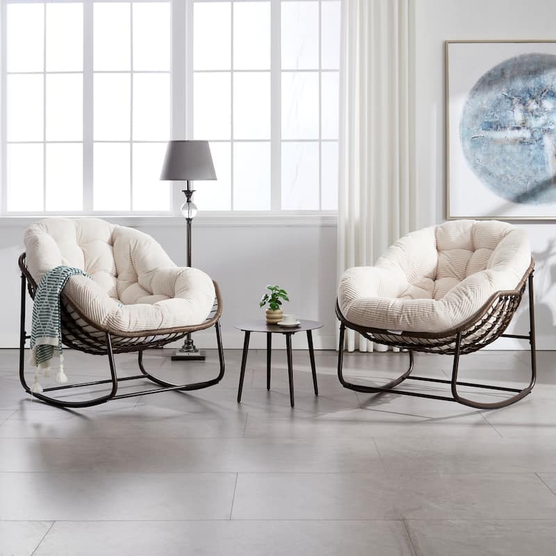 Outdoor Rattan Rocker Recliner Chair With Polyester Padded Cushion （set of 2）