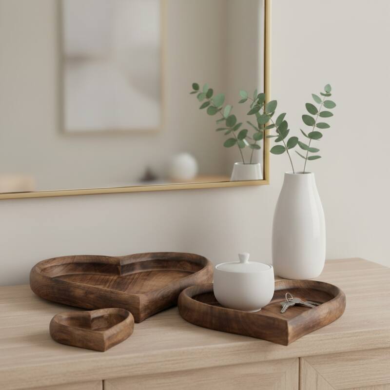 Heart-Shaped Tray with Rich Wood Grain Detail - Decorative Tray for Office and Home Decor - 13.5" x 14.5" x 2" - Natural