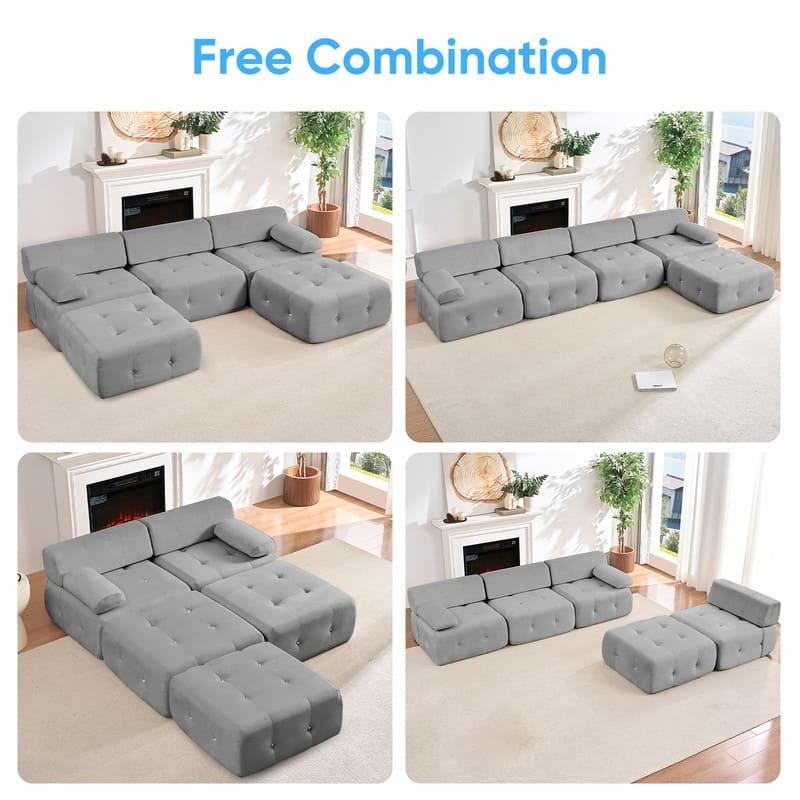 Mixoy 134inch Modular Sectional Sofa with Ottoman,Velvet L-Shaped Couch Indoor for Living Room - 133.9"w x 66.9"D x 24.8"H
