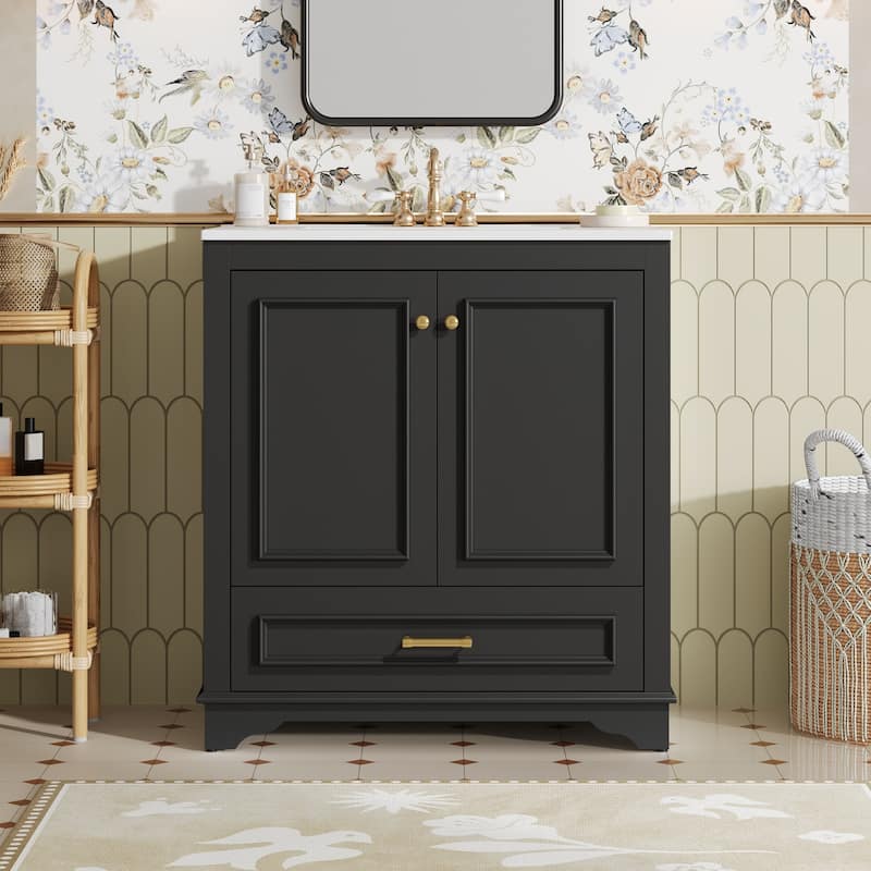Luxurious 30" Bathroom Vanity with Ceramic Sink, 2 Soft Closing Doors & Solid Wood Frame Storage Cabinet - Black