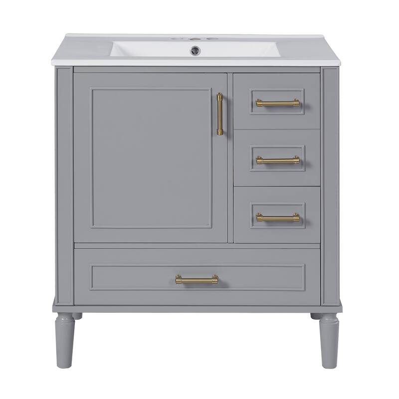 30" Bathroom Vanity with Ceramic Sink Storage Cabinet with Built-in Shelf and 3 Drawer