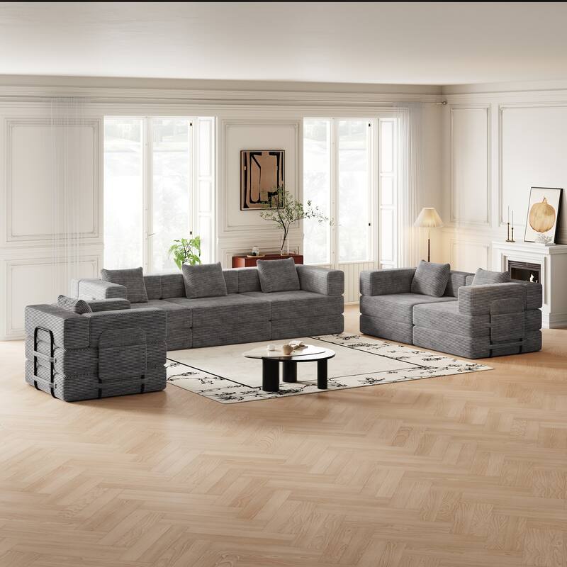 Corduroy Folding Loveseat Couch Set of 3 Convertible Sleeper Sofa Bed with Side Pockets, Modular Floor Mats with Anti-slip Pads