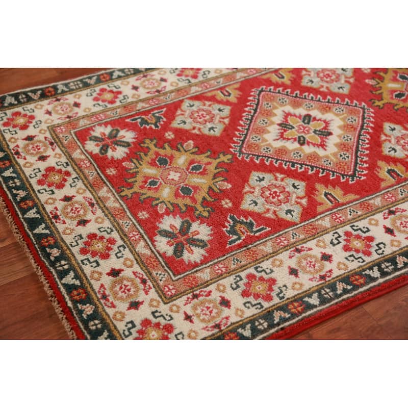 Red Geometric Kazak Foyer Rug Handmade Traditional Wool Carpet - 2'8"x 4'1"