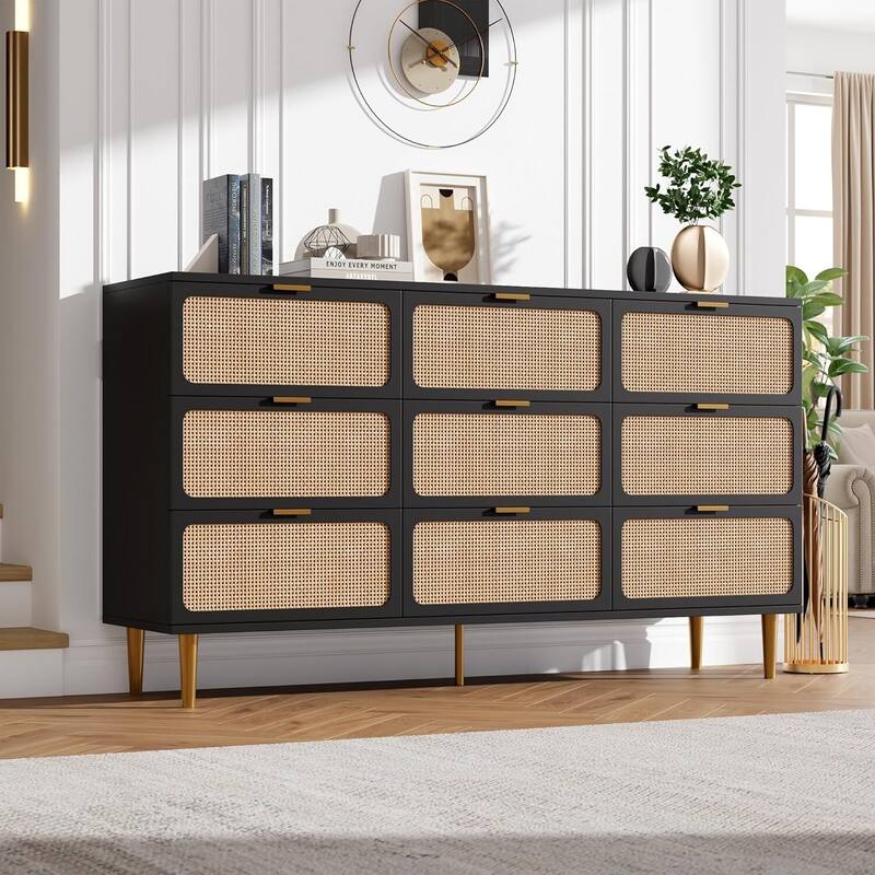 Rattan 9 Drawer Dressers TV Stand for Bedroom Living Room