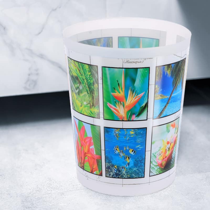 Island Bathroom Accessory Set - Decorative Plastic Waste Basket and Toilet Brush - 9.4" H x 7.8" W x 6.2" L