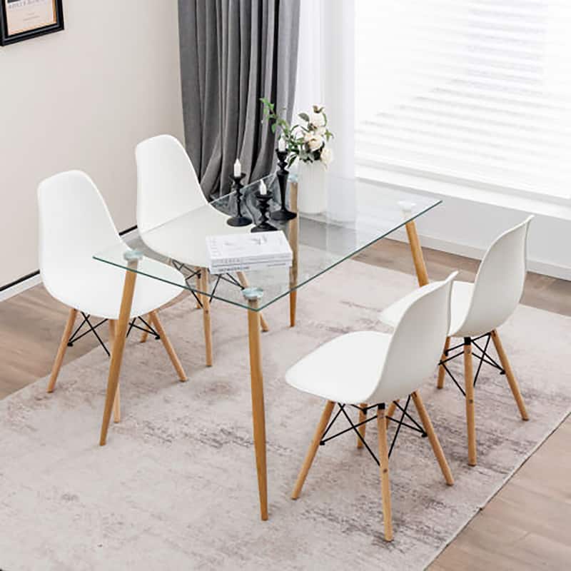 Gymax 5 Pieces Dining Table Set for 4 Rectangle Glass Table & 4 Modern - White + Natural