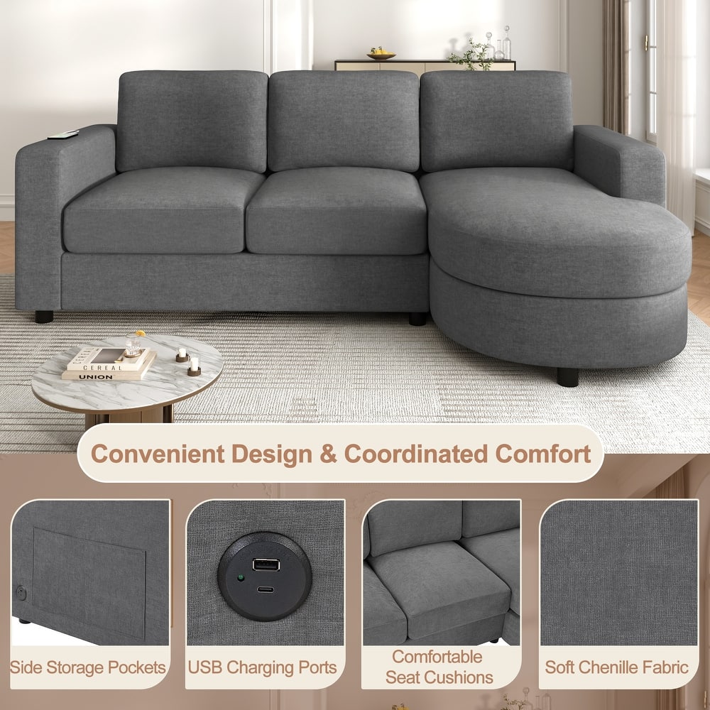 Living Room Chenille L-Shaped Sectional Sofa Set with Curved Chaise Lounge, USB Ports and Side Storage Pockets