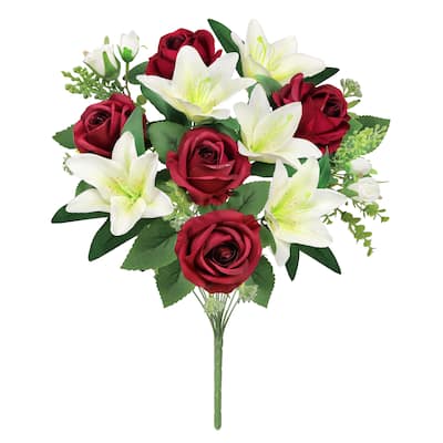 Set of 2 Red Cream Artificial Mixed Rose Stargazer Lily Flower Stem Bush Bouquet 18in - 18" L x 11" W x 11" DP