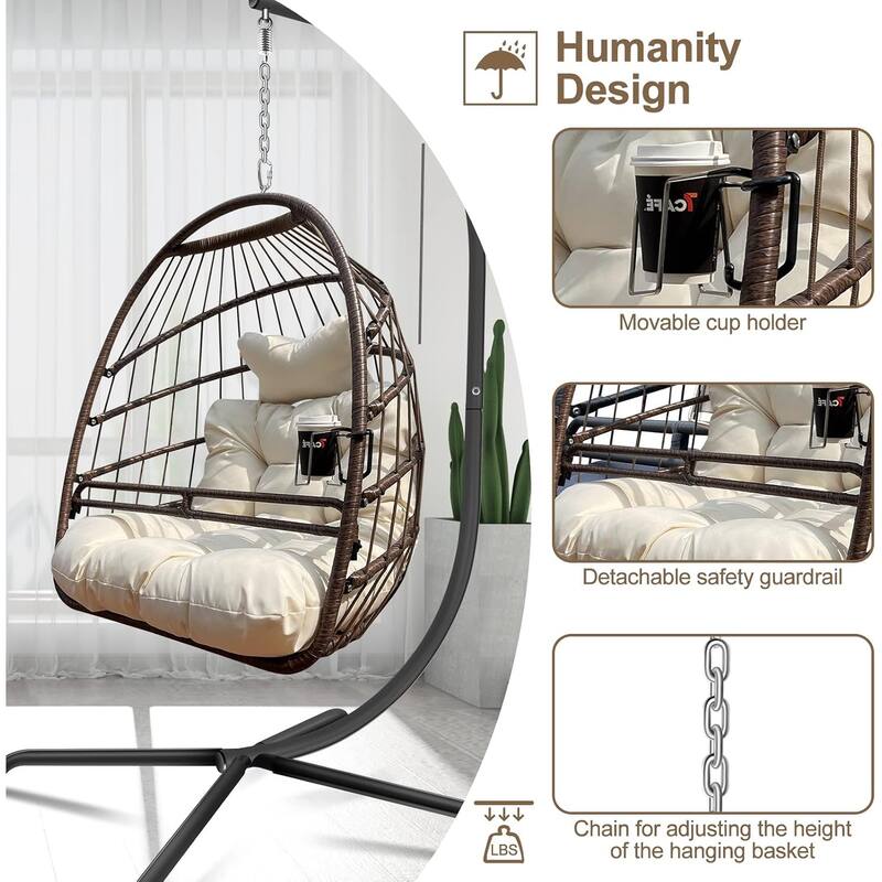 Swing Egg Chair with Cushion and Pillow, Indoor Outdoor Wicker Rattan Patio Basket Hanging Chair with Metal Stand