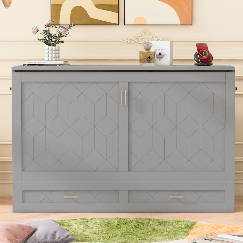 Gray Full Size Murphy Bed with Pulley Structure Design, Drawer and USB Ports for Bedroom - Gray - Full