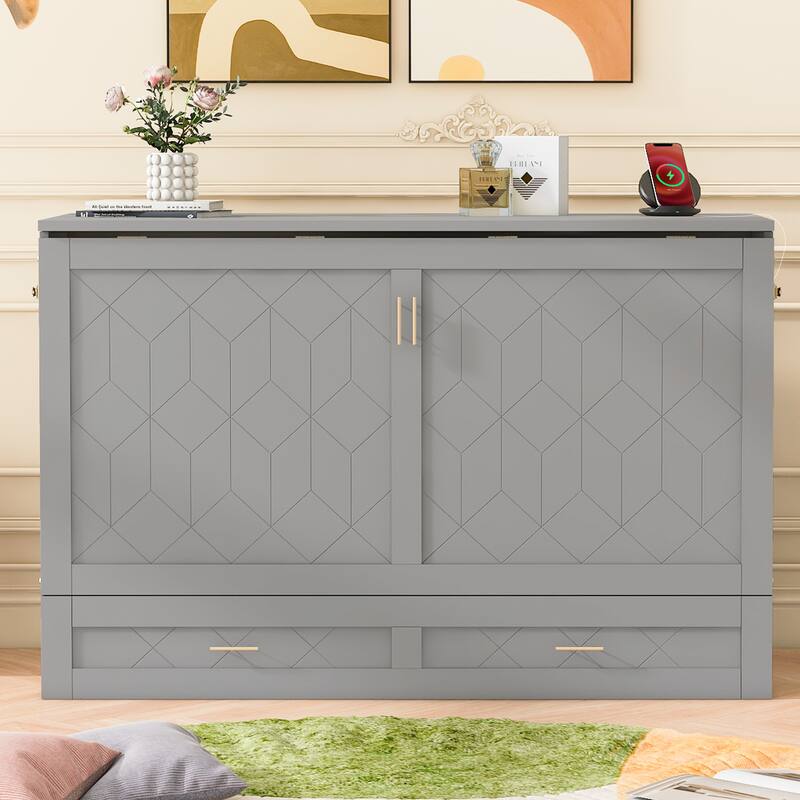Murphy Bed with Pulley Structure Design, Drawer and USB Ports for Bedroom - Gray - Full