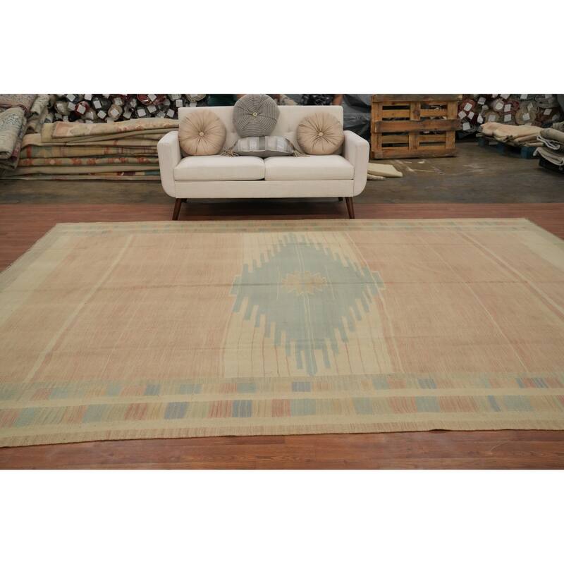 Hand Woven Oriental 100% Wool Carpet Southwestern Tribal Pink Kilim Area Rug - 12' 3'' X 9' 2''