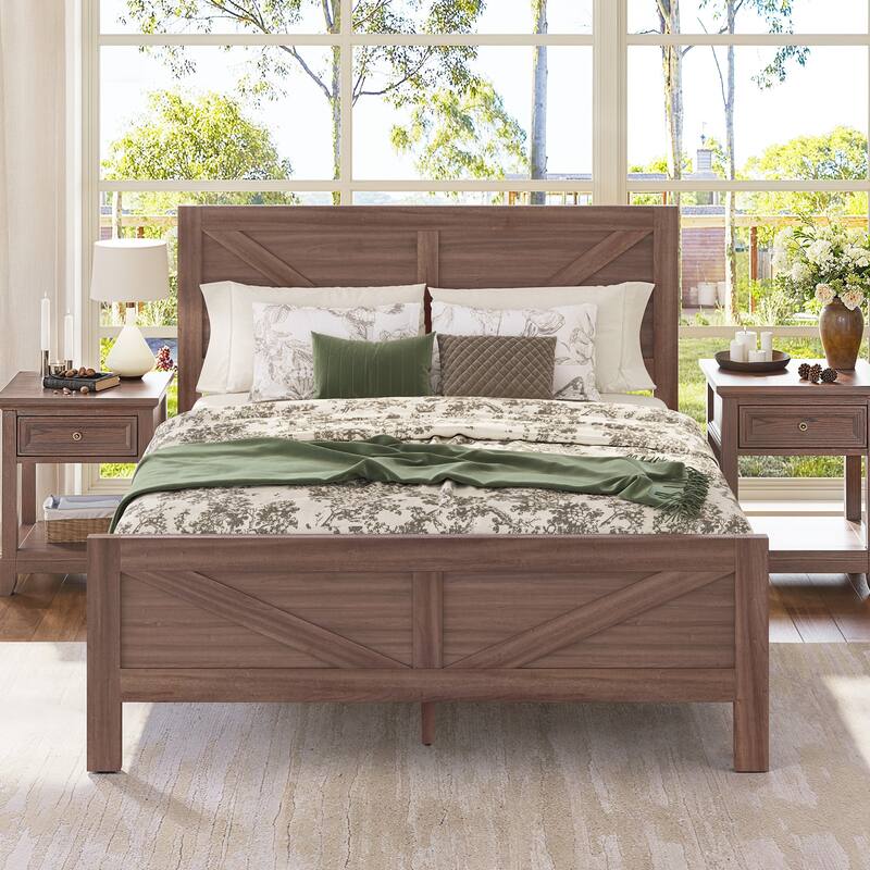 Modern Bedroom Furniture King/Queen Size Solid Wood Platform Bed,Platform Bed Frame With Wooden Headboard,No Box Spring Needed - Queen - Brown/Queen