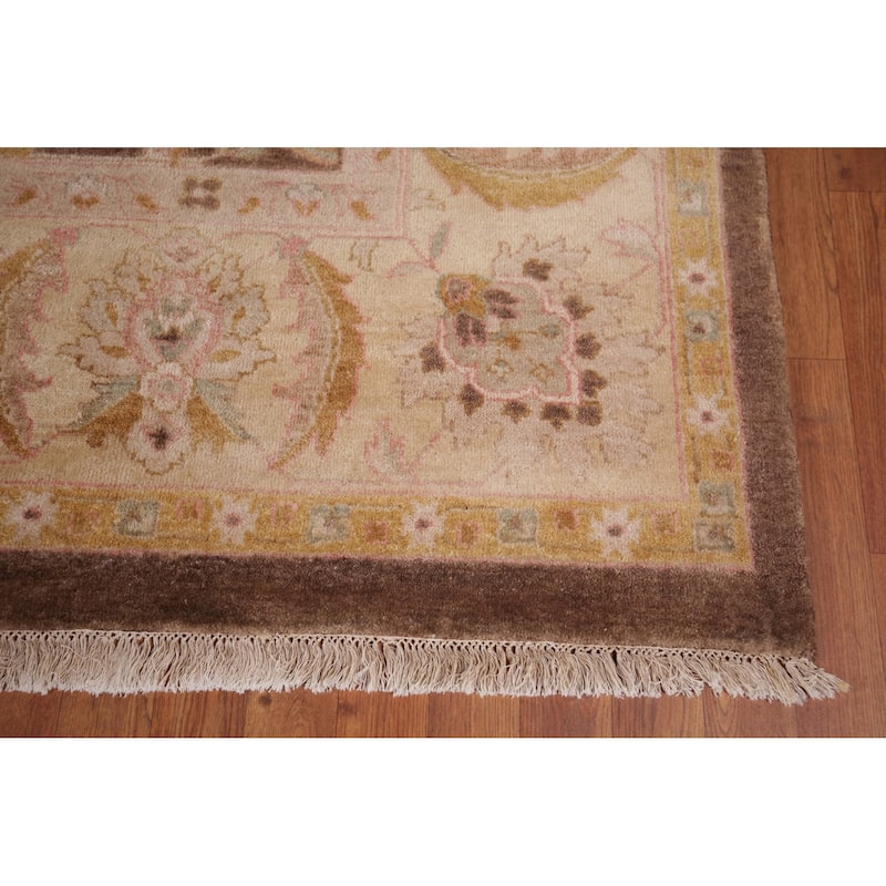 Brown Floral Chobi Peshawar Oriental Area Rug Hand-Knotted Wool Carpet - 8'11" X 11'11"