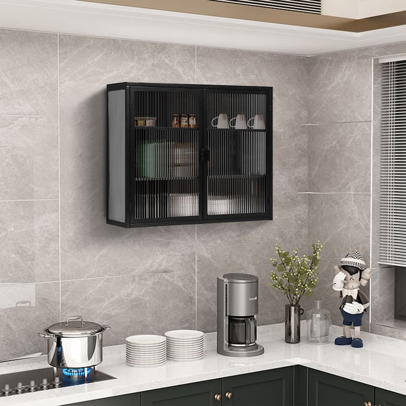 Modern White Sideboard with Fluted Tempered Glass Doors, 3-Tier Storage Cabinet for Living Room or Bedroom