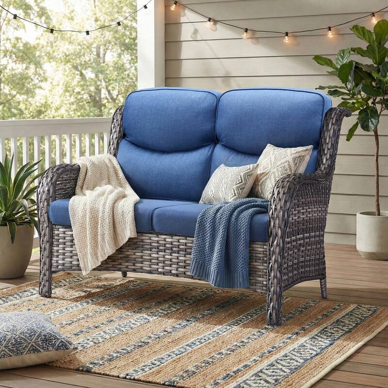 Pocassy Outdoor Patio Loveseat All-Weather Wicker Loveseat with Cushions - Gray Wicker Blue Cushion - 1-Piece Loveseat Sofa with 5 Inch Cushion