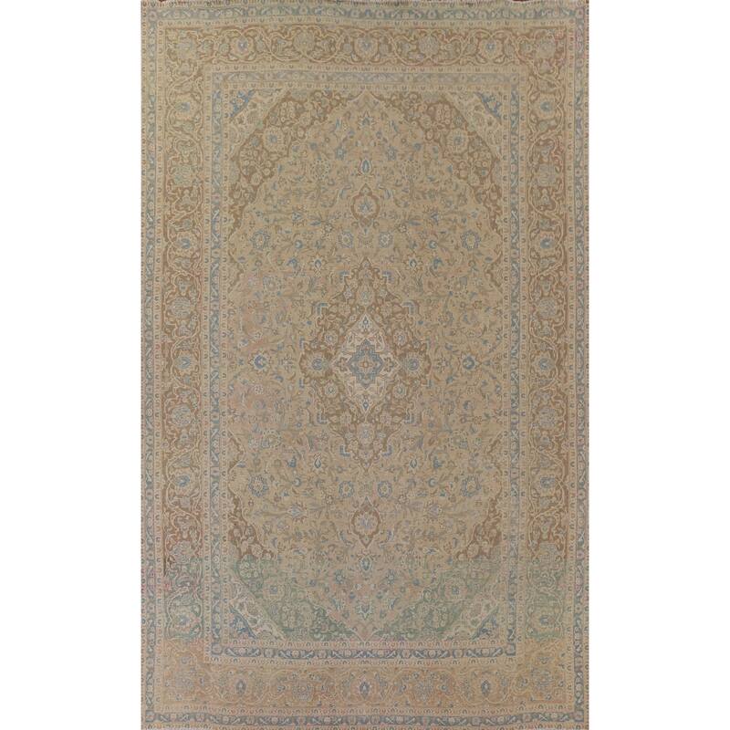 Muted Distressed Kashan Persian Antique Rug Hand-knotted Wool Carpet - 9'3" x 13'4"