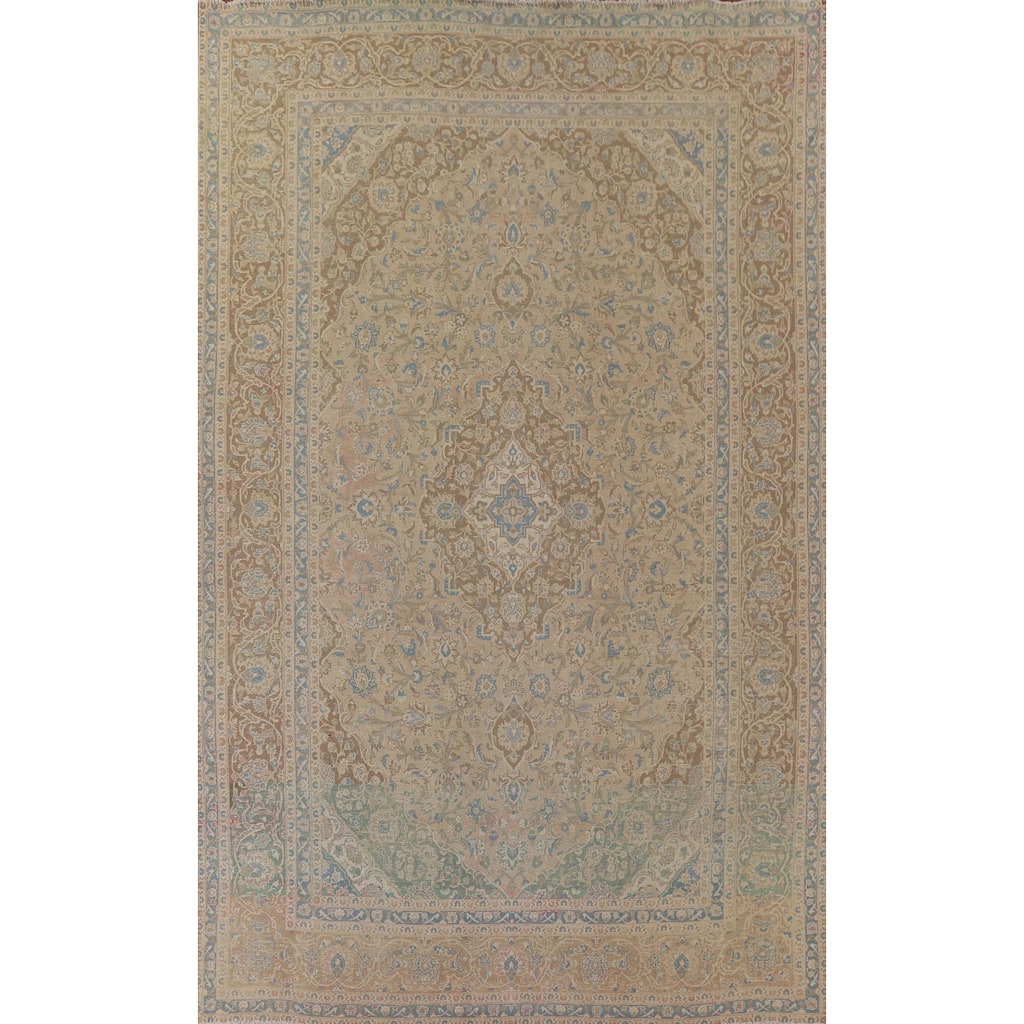 Muted Distressed Kashan Persian Antique Rug Hand-knotted Wool Carpet - 9'3" x 13'4"