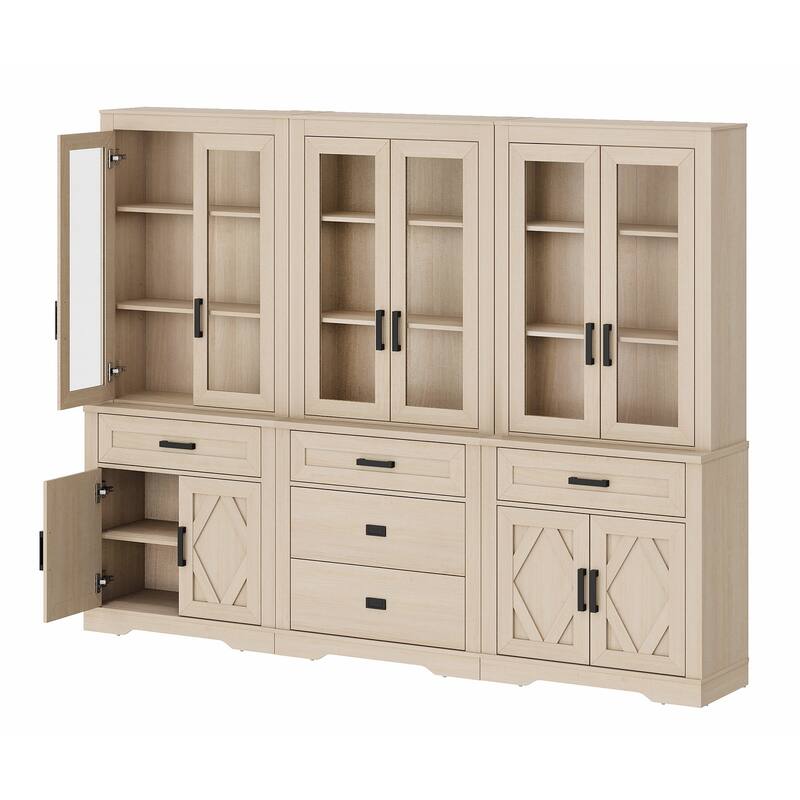 3-Column 73.3" Tall Bookshelf Set with Open Storage and Glass Doors