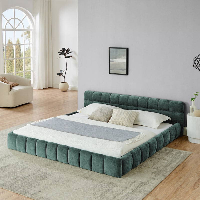 Block Thick Chenille Low Profile Platform Bed Fabric Upholstered Bedframe with Headboard Solid Wood Frame - Optional Storage Bed - Blue Green - King