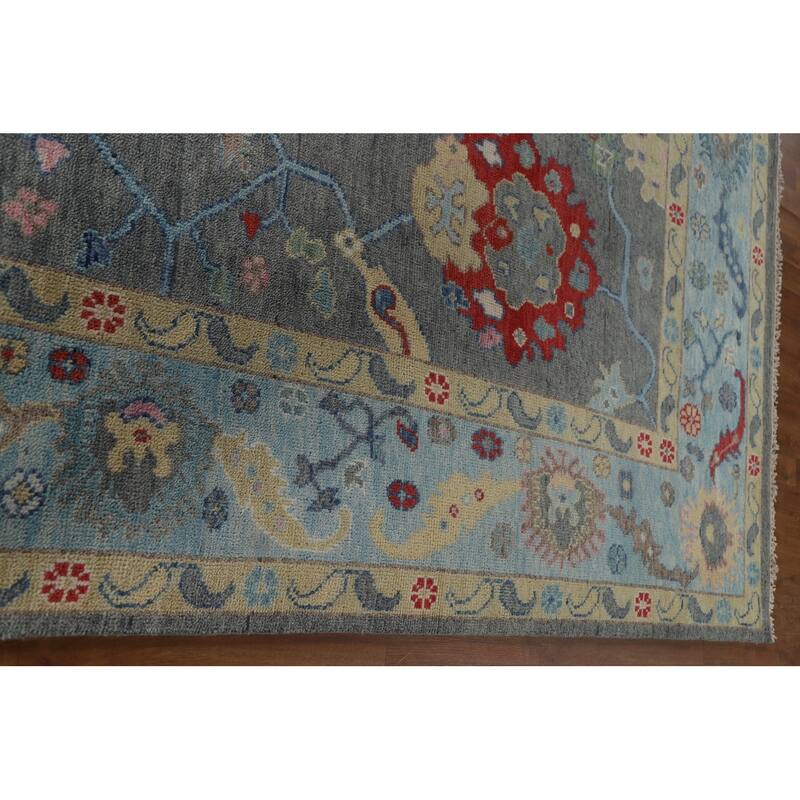 Gray Floral Oushak Oriental Area Rug Hand-Knotted Wool Carpet - 9'0"x 11'9"