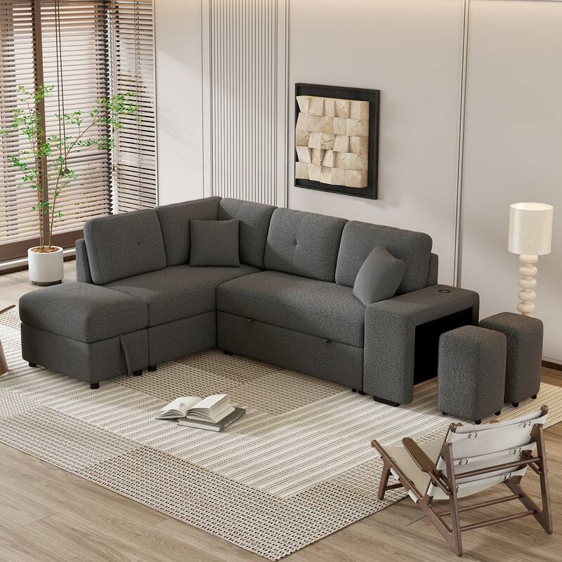 87.7" Modern Sectional Sofa with Pull Out Bed, Convertible Sleeper Sofa with Storage Ottoman,Stools and Pillows