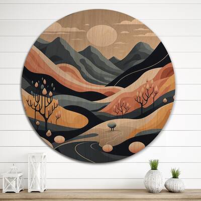 Designart "Yellow Graphic Moon In The Mountains V" Landscape Mountains Wood Wall Art - Natural Pine Wood