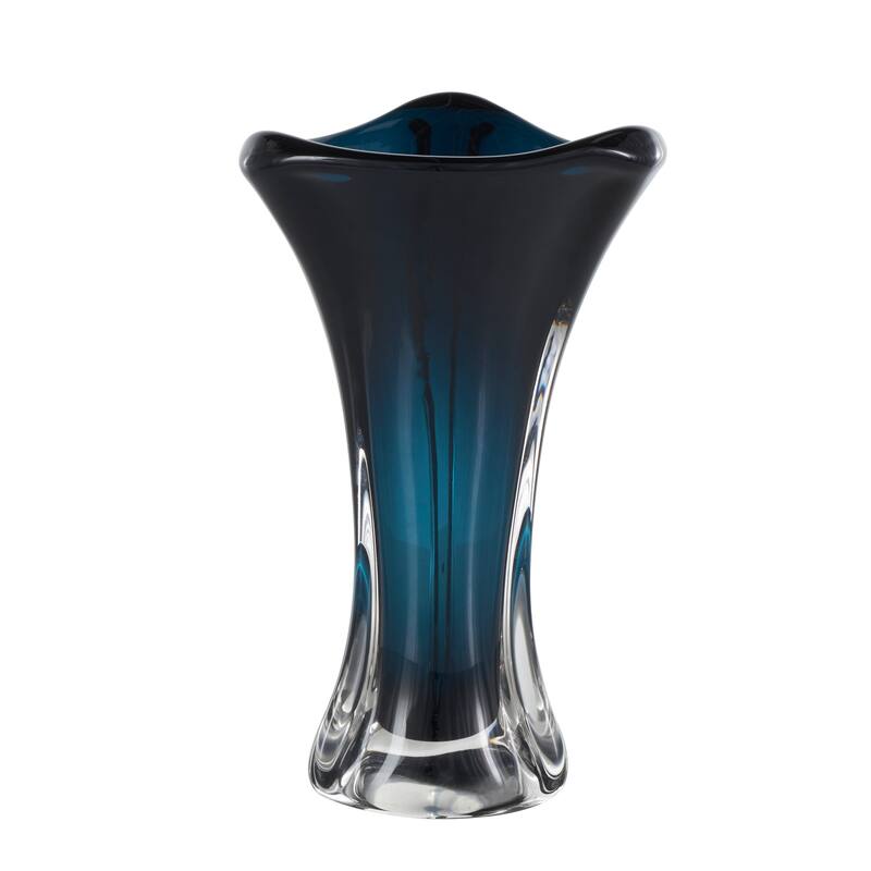 Dark Blue Glass Ombre Tulip Abstract Vase with Clear Base