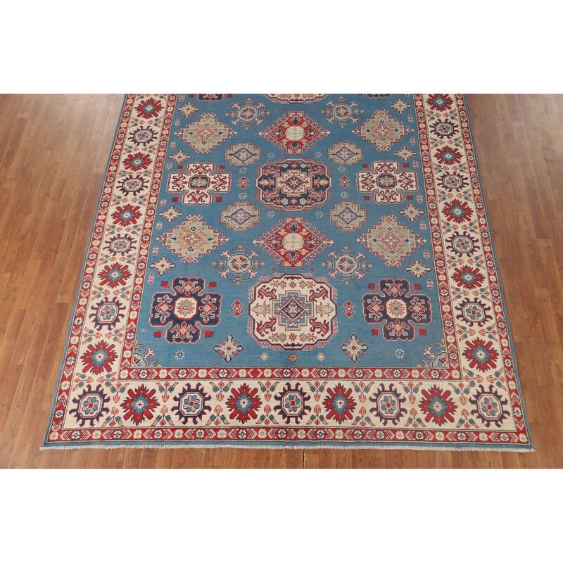 Light Blue Kazak Oriental Area Rug Hand-Knotted Geometric Wool Carpet - 8'4"x 11'2"