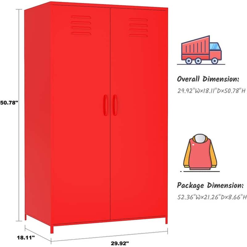 Double Doors Metal Locker Cabinet Storage with Hanging Rod and Shelves for Bedroom School Classroom