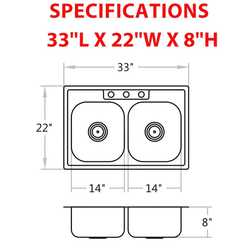 33'' x 22'' PRO Classic Drop in Double Bowl Kitchen Sink,Top Mount 50/50 Stainless Steel Kitchen Sink with Three Faucet Hole