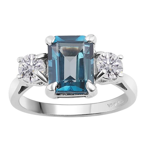 slide 1 of 5, Sterling Silver with London Blue Topaz and Moissanite Three Stone Ring