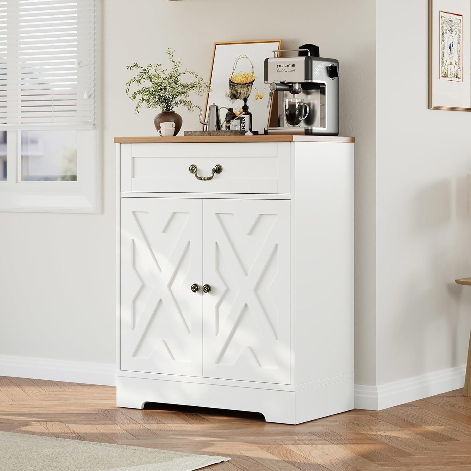 Farmhouse White Buffet Cabinet with 4 Doors, 2 Drawers