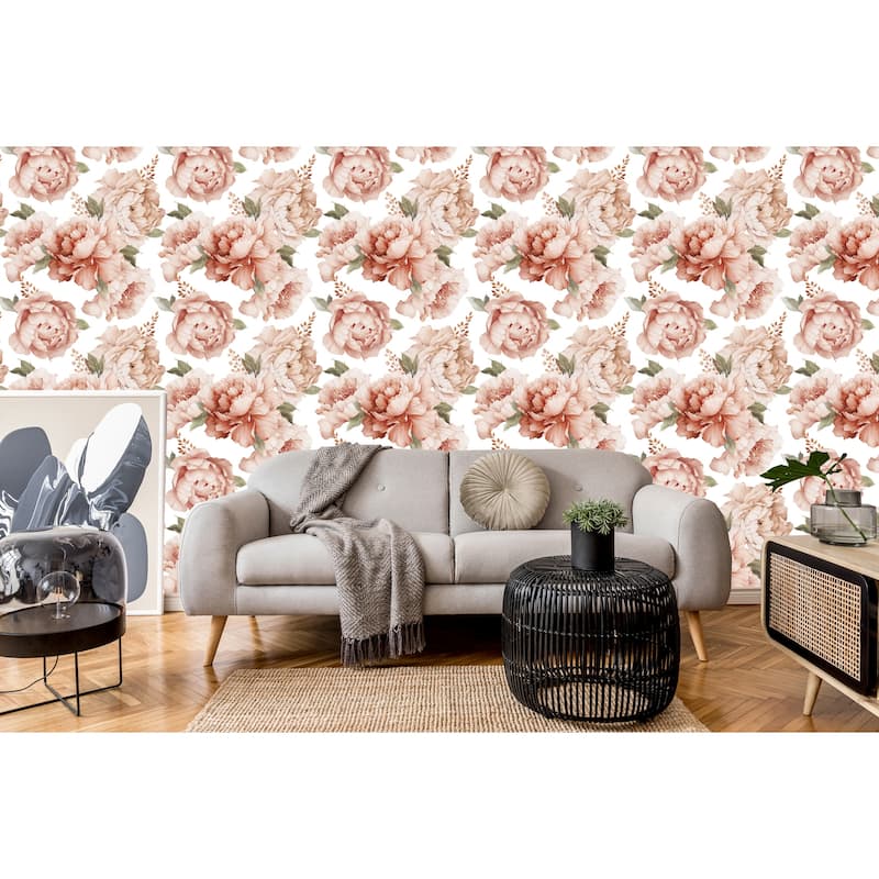 Coral large Peonies Removable Peel and stick wallpaper - 24'' inch x 10'ft