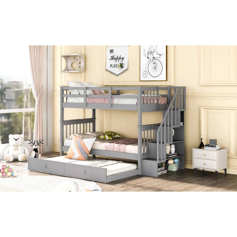 Twin-Over-Twin Bunk Bed with Trundle, Storage Stairs, Gray Finish