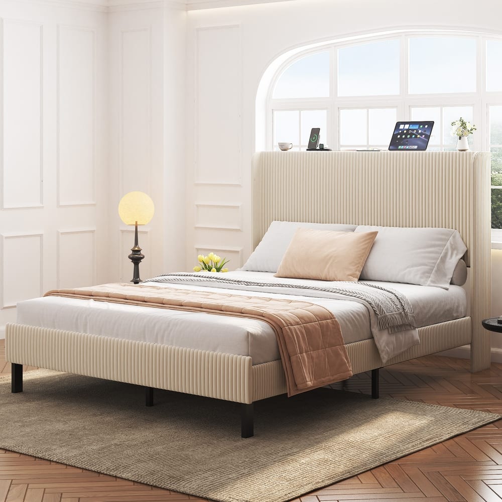 Upholstered Frame Bed Stripe Headboard Wingback Bed with Charging and Light Strip, No Box Spring Needed, Metal Slats Support