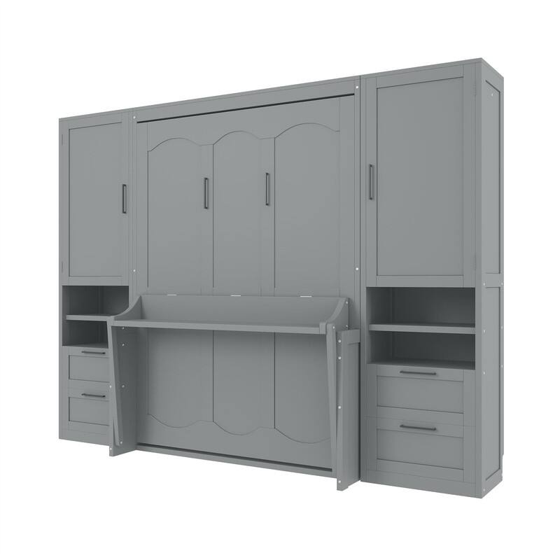 Full Size Murphy Bed Wall Bed with 2 Wardrobes and 4 Storage Drawers, Foldable Space Saving Murphy Cabinet Bed with Open Shelves