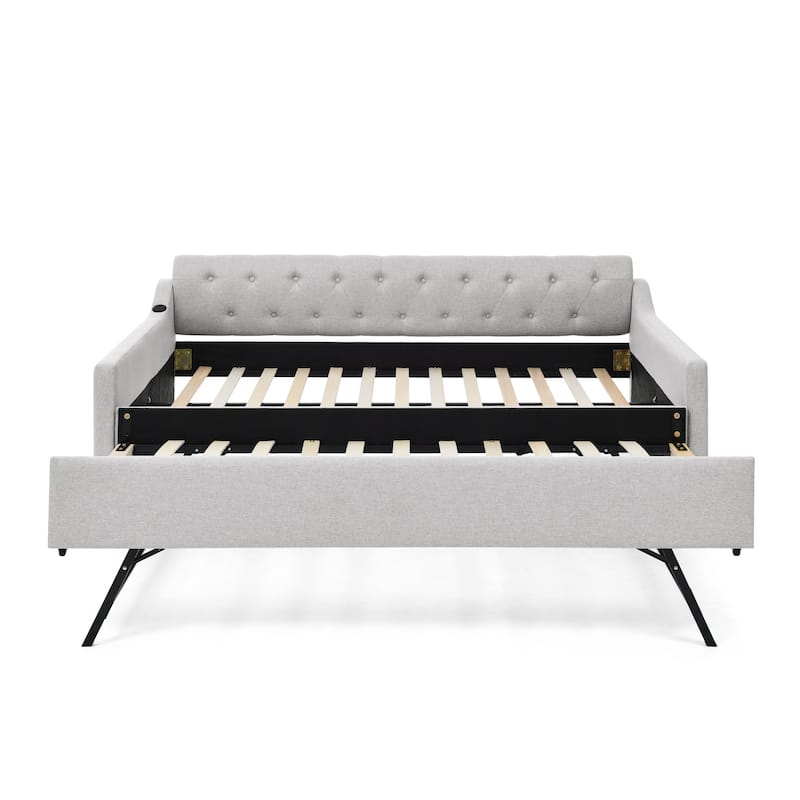 Upholstery Daybed with Twin Size Erectable Trundle and USB Charging Design
