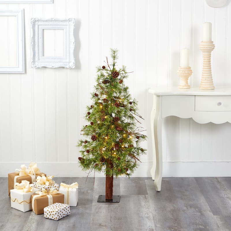 4ft. Alpine Artificial Christmas Tree with 50 Clear Multifunction LED Lights & Pine Cones - Petite Festive Holiday X-Mas Accent