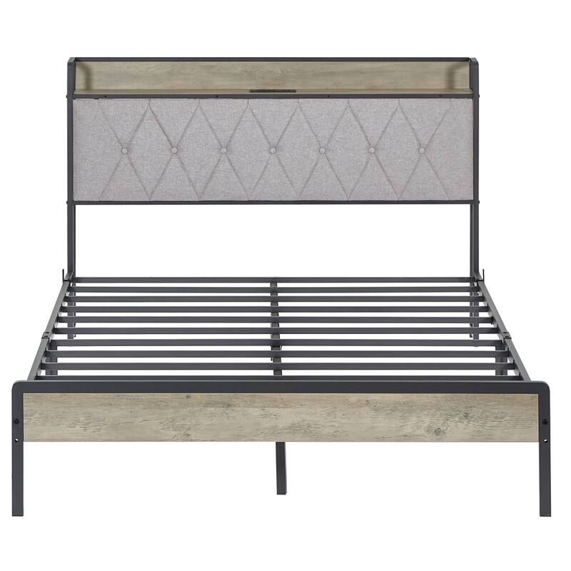 Metal Bed Frame with Charging Station and Slats