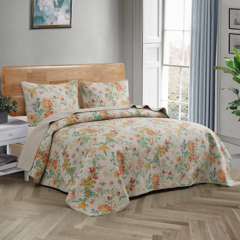S&S Dreamland Floral Reversible 3 Piece Cotton Quilt Set